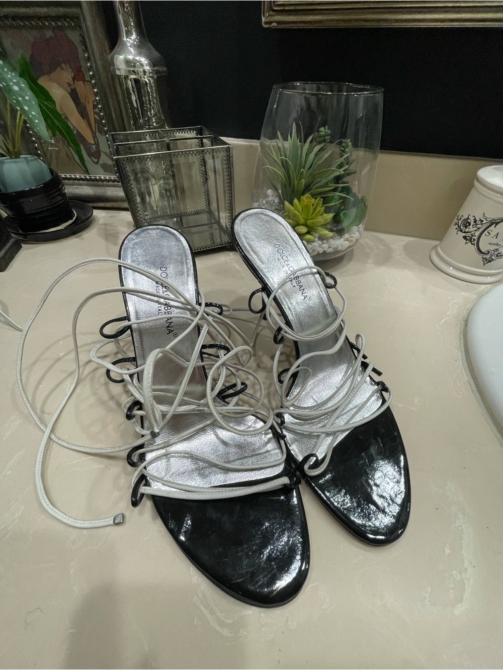 Dolce & Gabbana Black Patent and Silver Lace-Up Heels